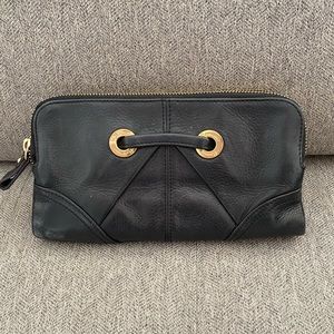 B Makowsky black leather wallet/clutch VGUC, leopard print inside